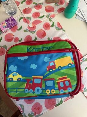 Personalized Kids Lunch Bag - Blue, Green & Red Train Scene